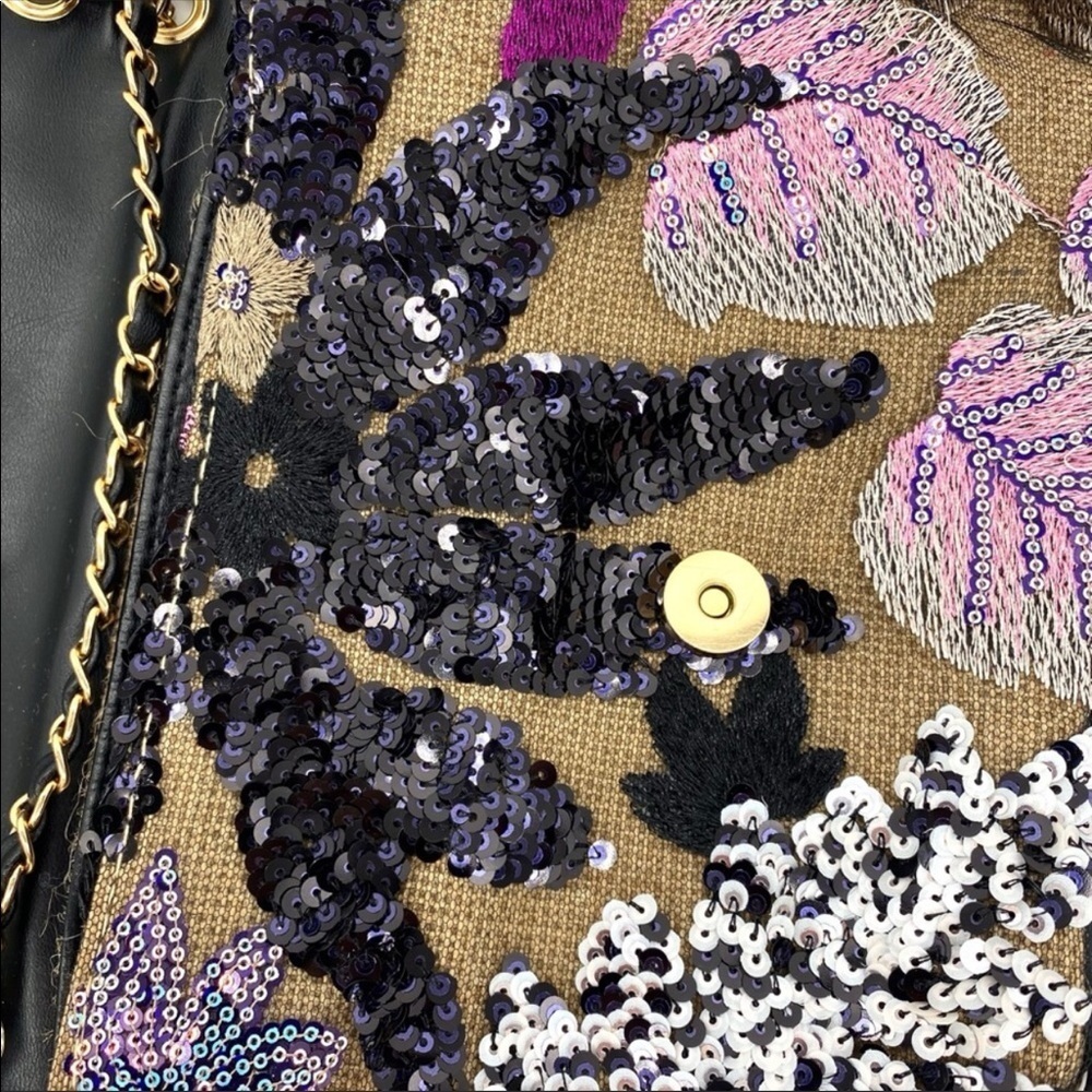 Floral Embroidered Sequin Woven Jute Clutch Shoulder Bag - Picture 11 of 15